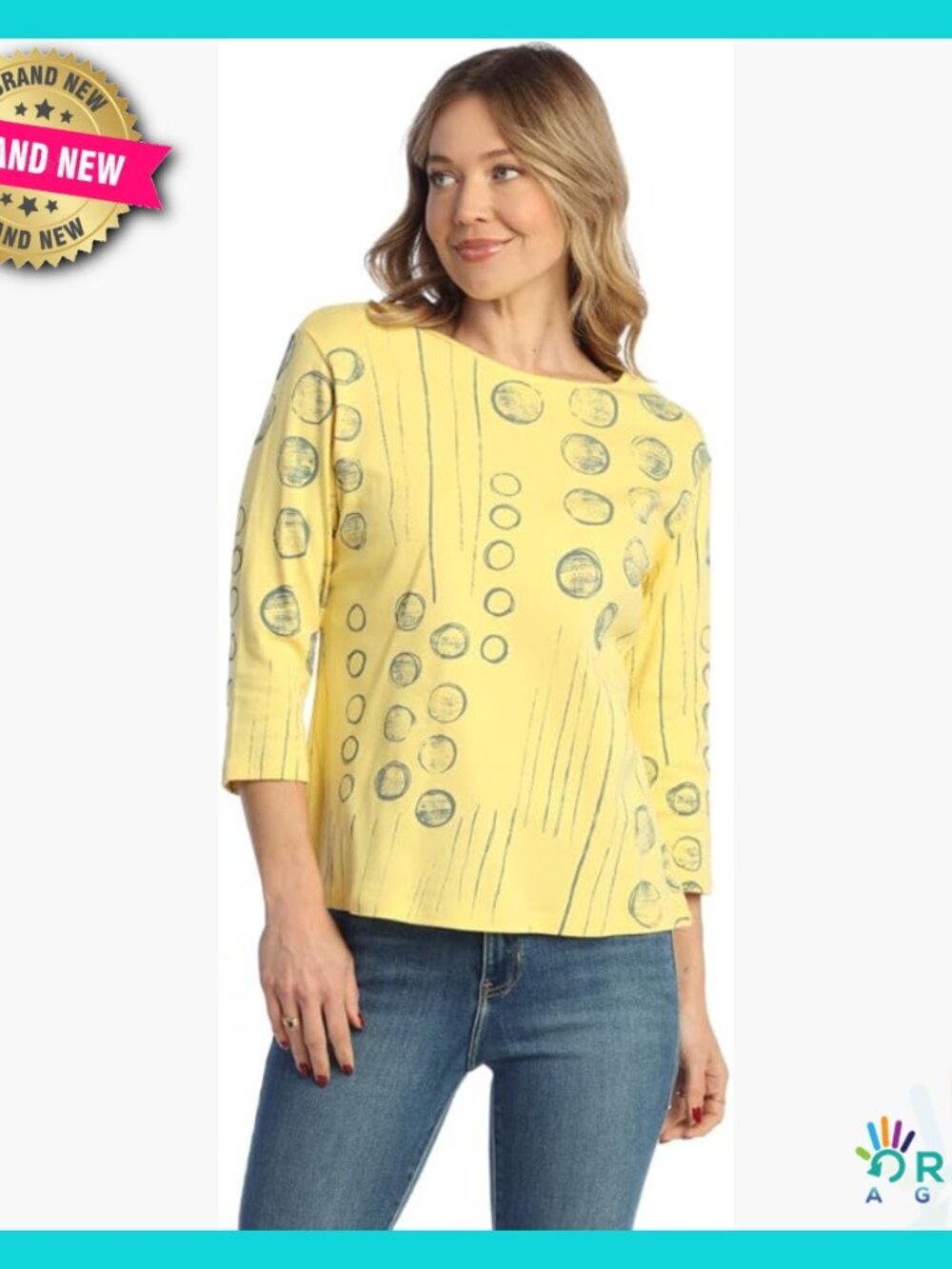 Abstract Print Cotton Tunic Top Relaxed Fit 3/4 Sleeve Chic Casual Wear